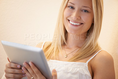 Buy stock photo Happy woman, portrait and tablet in relax for social media, streaming or entertainment in living room at home. Female person smile on technology in online search, communication or networking at house