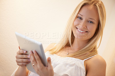 Buy stock photo Happy woman, portrait and tablet for social media, streaming or entertainment in living room at home. Face of female person smile on technology for online search, communication or networking at house