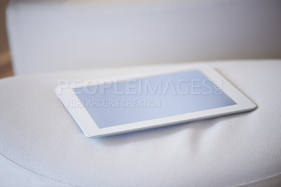 Buy stock photo Tablet screen, internet and mockup on sofa in living room for online, communication or research. Technology, cellular and network for app, website or homepage for social media, post or meme in home