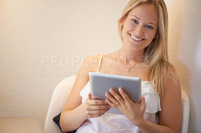 Buy stock photo Portrait, home and happy with woman, tablet and calm with connection, internet and website information. Person, face and girl with network, technology and relax with social media, break and peaceful