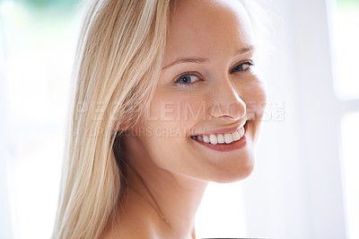 Buy stock photo Portrait, happy woman and smile for skincare in home with closeup for dermatology. Mature person, natural beauty and cosmetics for anti aging, vitamin c and hydration for skin, health and wellness