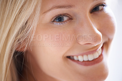 Buy stock photo Closeup, happy woman and smile for skincare with portrait in home for dermatology, texture or pigmentation. Female person, hair and face for results of beauty, treatment or hydration for anti aging