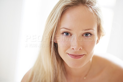 Buy stock photo Woman, dermatology and skincare in home with portrait for closeup in cosmetics. Person, face and hair in satisfaction for anti aging, beauty or treatment by vitamin c, hyaluronic acid or spf for skin