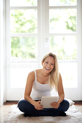 Buy stock photo Happy woman, portrait and tablet on living room floor for social media or entertainment at home. Female person or blonde smile in relax with technology for meme, ebook or online connection at house