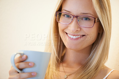 Buy stock photo Happy woman, portrait smile and coffee with glasses for morning, relax or satisfaction at home. Face of attractive female person, model or blonde with spectacles and cup of tea to start day at house