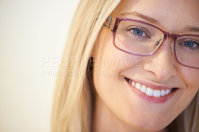 Buy stock photo Portrait, happy woman and glasses with smile in closeup for eye care, vision and health. Female person, spectacles and excited for optometry for correction, frame or lens by sight, glaucoma or retina