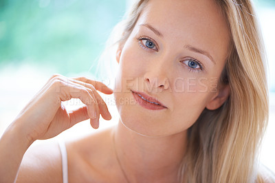 Buy stock photo Portrait, woman and dermatology in home with closeup for skincare, hydration and texture. Female person, looking and hair care with results of anti-aging with vitamin c, collagen or hyaluronic acid