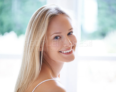 Buy stock photo Portrait, happy woman and smile for skincare in home with closeup for beauty in dermatology. Person, face or excited for anti aging, treatment or skin with vitamin c, hyaluronic acid and spf for glow