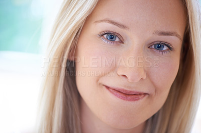 Buy stock photo Calm, closeup and portrait of woman in morning, home and apartment with beauty or wellness. Positive, mindset and face of person in house to relax in living room with smile, happiness and skincare