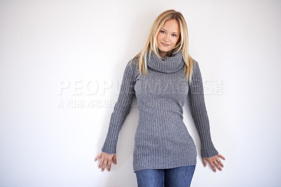 Buy stock photo Portrait, fashion and woman in studio with winter, clothing or outfit, confidence or pose on white background. Style, face and female model in cosy, trendy or fashionable clothes and positive mindset