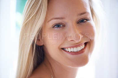 Buy stock photo Portrait, happy woman and smile for beauty in home with closeup for dermatology in skincare. Female person, natural and cosmetics for anti aging, texture and hydration for skin, health and wellness