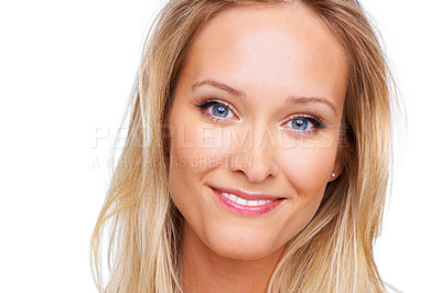 Buy stock photo Beauty, makeup and smile with portrait of woman in studio for cosmetics, dermatology and spa treatment. Self care, health and glow with face of model on white background for cosmetology and facial 