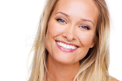 Buy stock photo Happy, makeup and glow with portrait of woman in studio for cosmetics, dermatology and spa treatment. Self care, health and beauty with face of model on white background for cosmetology and facial 