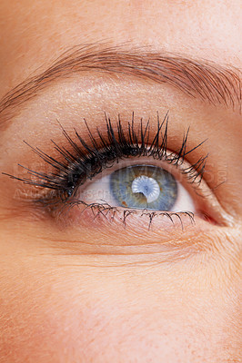 Buy stock photo Woman, eyes and closeup with eyelashes, makeup and vision with iris. Zoom, macro and eyeball of a female model for optometry, future and retina for perspective and cosmetics with lash extensions
