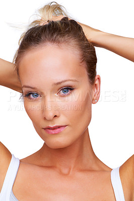 Buy stock photo A naturally beautiful woman with flawless skin isolated on a white background