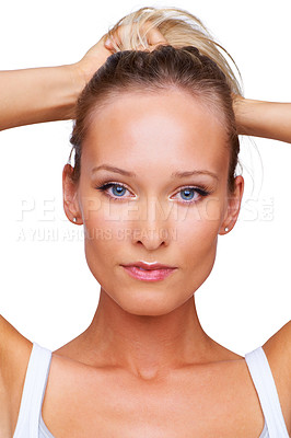 Buy stock photo Beauty, makeup and health with portrait of woman in studio for cosmetics, dermatology or spa treatment. Self care, skincare and glow with face of model on white background for cosmetology and facial 