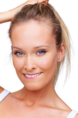 Buy stock photo Beauty, portrait and skin care with a woman in studio for glow, shine and confidence. Face of a happy female model person on a white background biting lip, dermatology and cosmetics or makeup