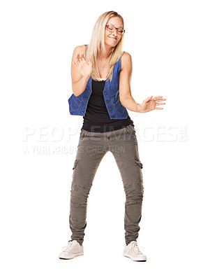 Buy stock photo Dance, playful and woman moving with a smile, excited and happy on a white background in studio. Comic, funny and hip hop dancer dancing with movement, confidence and happiness on a studio background