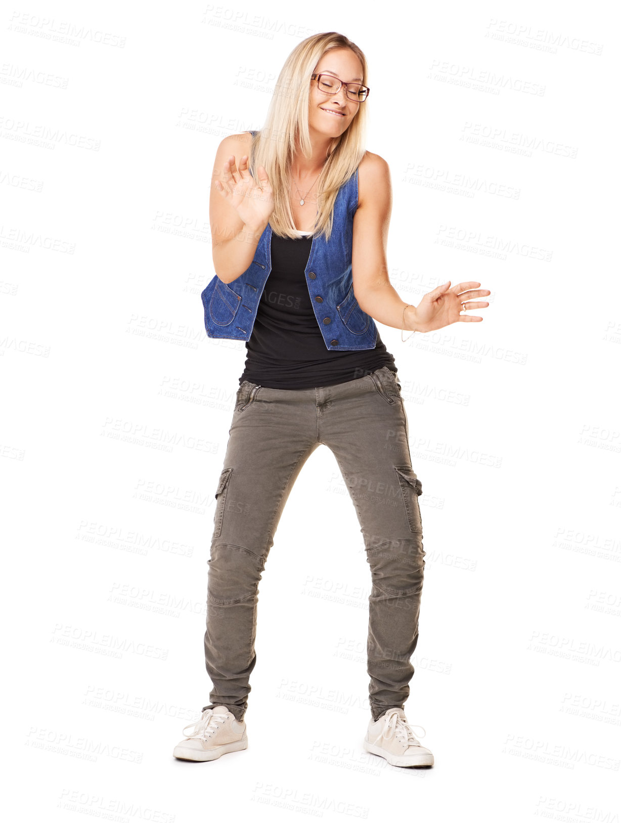 Buy stock photo Dance, playful and woman moving with a smile, excited and happy on a white background in studio. Comic, funny and hip hop dancer dancing with movement, confidence and happiness on a studio background
