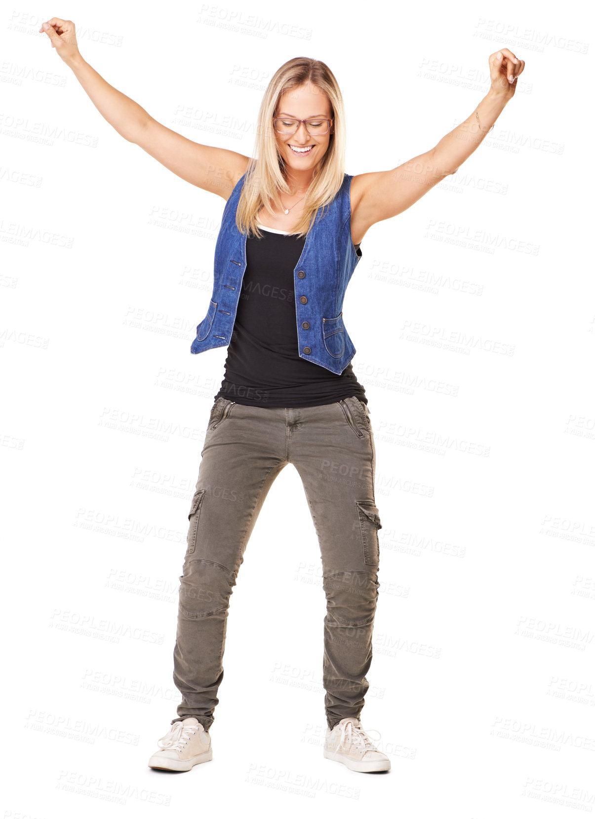 Buy stock photo Fashion, happy and model dancing in a studio with happiness in a casual, trendy and edgy outfit. Beauty, dance and woman having fun in cool, stylish and natural clothes moving by a white background.