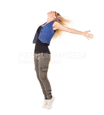 Buy stock photo Freedom, carefree and a woman model standing arms outstretched in studio on a white background feeling free. Motivation, wellness and peace with a young female posing for stress free liberation