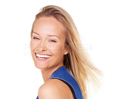 Buy stock photo Laughing, model and happy portrait of a woman with happiness smile from fashion style. Excited, natural beauty and isolated white background with a young face from Switzerland with cool denim look