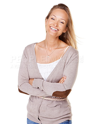 Buy stock photo Beauty, fashion and smile with portrait of woman with arms crossed for style, elegant or happiness. Natural, isolated and confident with model from Sweden, smile and happy on white background studio