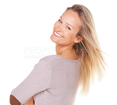 Buy stock photo Portrait, fashion and beauty with a woman in studio on a white background with mockup for product placement. Face, hair and blank space for marketing or advertising with an attractive young female