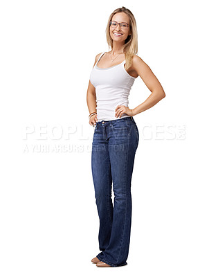 Buy stock photo Happy, smile and portrait of a woman with glasses, clothes and hands in hip on a white studio background. Female model in studio with a positive mindset, motivation and free space for advertising