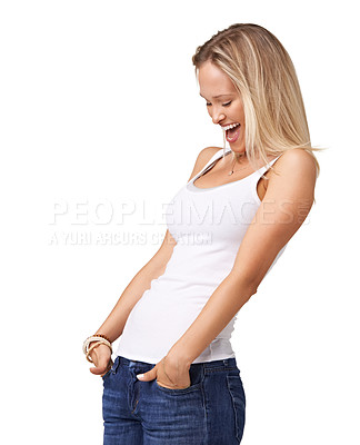 Buy stock photo Happy, smile and mockup with a woman in studio on a white background standing hands in pockets in casual clothing. Style, clothes and an excited young female posing in denim jeans and a tank top