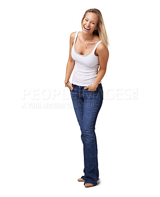 Buy stock photo Fashion, beauty and portrait of a happy woman in studio with a casual, stylish and natural outfit. Happiness, smile and full body of female model from Canada with stylish clothes by white background.
