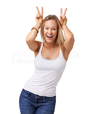 Buy stock photo Woman, bunny ears and silly model portrait with a happy smile feeling funny with a white background, Isolated, excited and joy of a person from Switzerland with comic hands, beauty and mockup