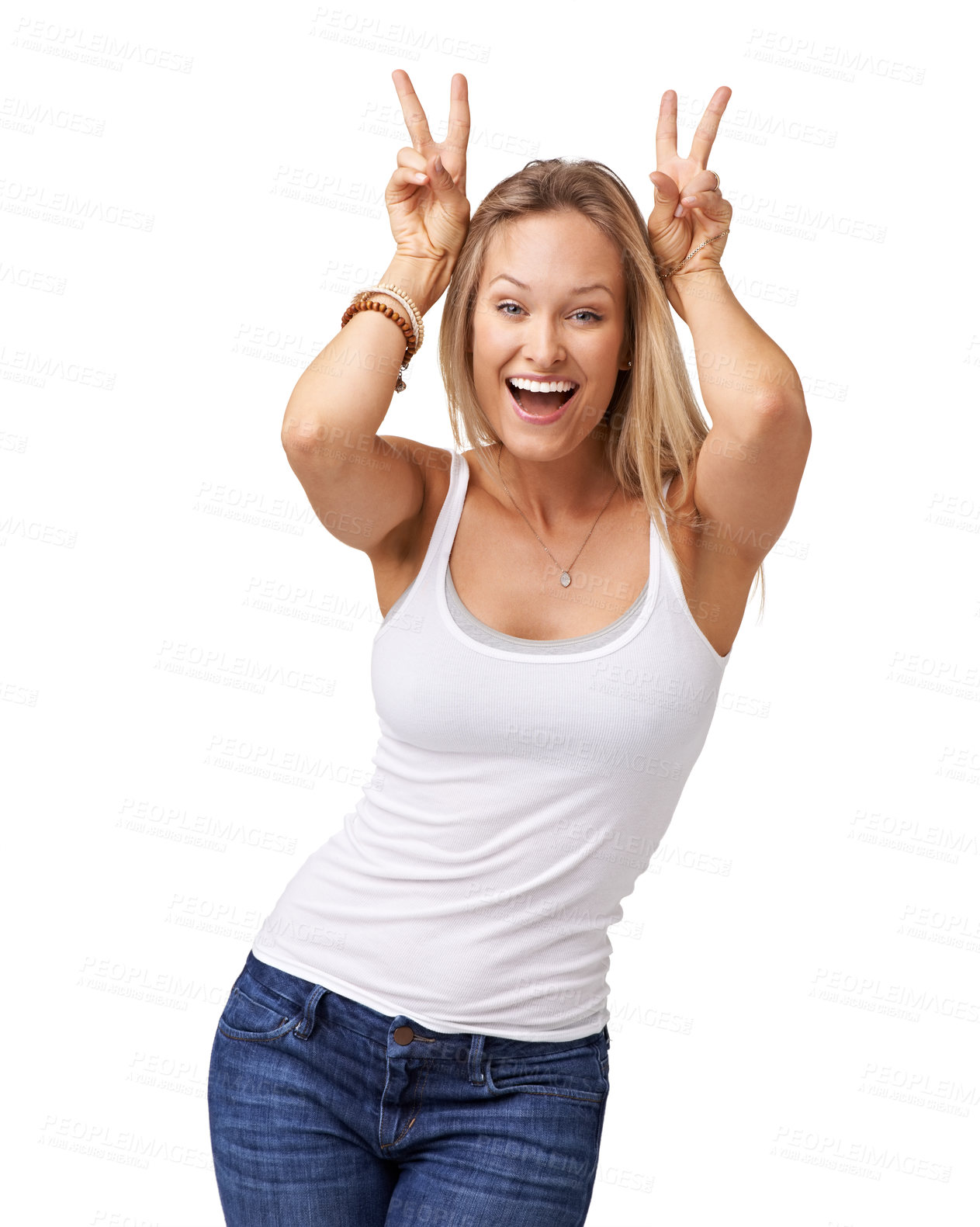 Buy stock photo Woman, bunny ears and silly model portrait with a happy smile feeling funny with a white background, Isolated, excited and joy of a person from Switzerland with comic hands, beauty and mockup