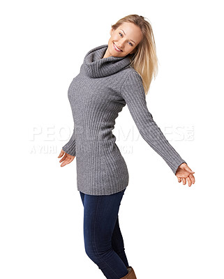 Buy stock photo Winter, carefree and happy woman portrait feeling free, excited and natural beauty with a smile. Freedom, sweater and satisfaction of a model with happiness, smiling and cold casual lifestyle 