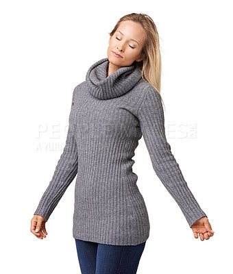 Buy stock photo Rest, calm portrait and woman with free feeling, happy peace and natural beauty with a sweater. Freedom, content and carefree model with happiness, resting and casual fashion style in winter clothing