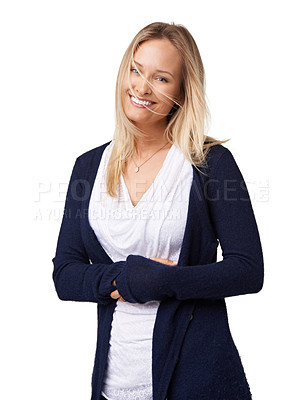 Buy stock photo Happy young blonde woman, smile and holding her hands for profile, fashion or pretty style against a white studio background. Portrait of isolated blond hair female standing and smiling in happiness