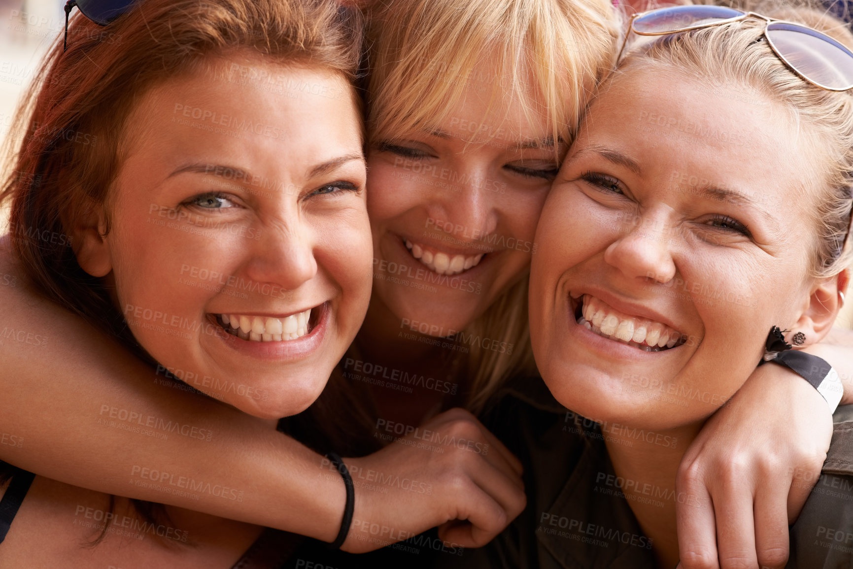 Buy stock photo Portrait, hug and women with smile, friends and happiness with vacation, funny and bonding together. Face, people and girls with joy, weekend break and getaway trip with party, reunion and love