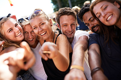 Buy stock photo Festival friends, summer portrait and happy people, crowd or audience bond, smile and holiday together. Community freedom, entertainment and young group at social event, outdoor concert or reunion