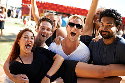 Buy stock photo Festival, summer portrait and excited people, friends or carnival party energy, smile or holiday vacation together. Community freedom, shout or young group at social event, outdoor concert or reunion