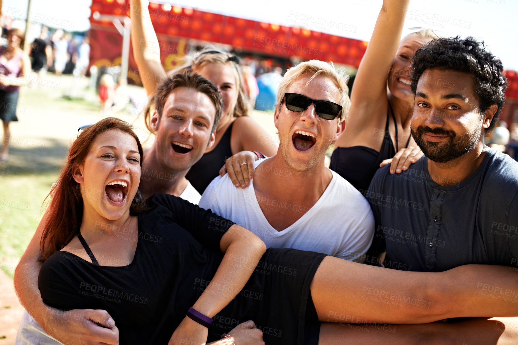 Buy stock photo Festival, summer portrait and excited people, friends or carnival party energy, smile or holiday vacation together. Community freedom, shout or young group at social event, outdoor concert or reunion
