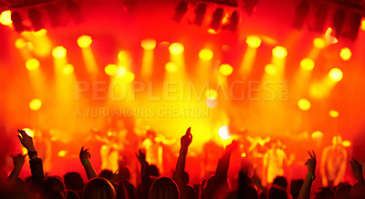 Buy stock photo Crowd silhouette, music festival lights and band concert audience listen to artist, stage performance or rock star. Night show entertainment, excited group energy and back of fans cheers for musician
