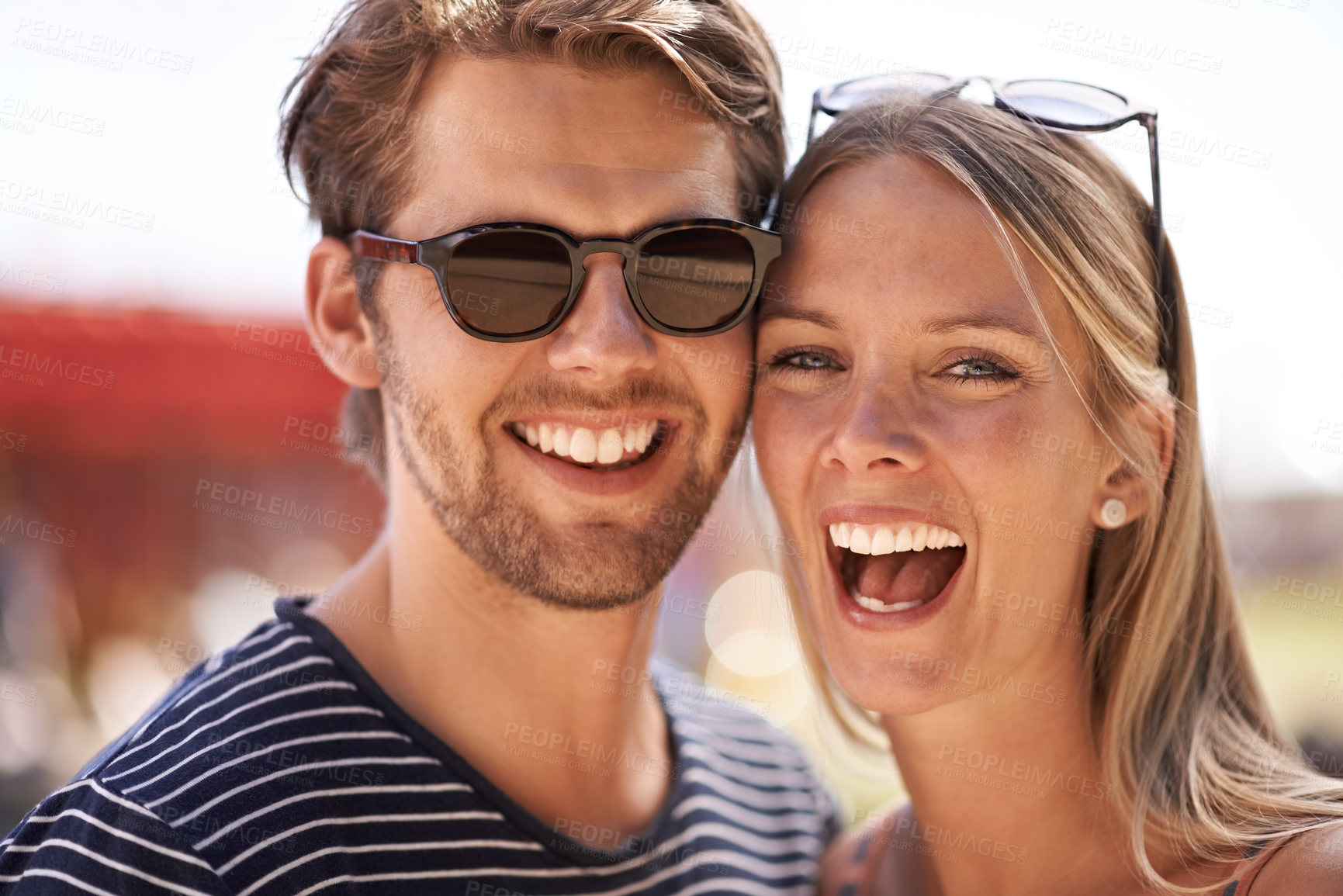 Buy stock photo Portrait, outdoor and couple with smile, funny and happiness with vacation, summer and weekend break. Face, people and man with woman, event or holiday with getaway trip, excited or cheerful with joy
