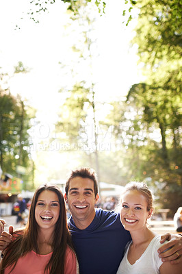 Buy stock photo A group of friends standing together in an outdoor environment