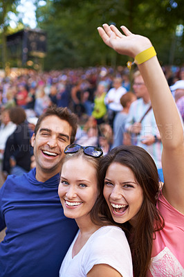 Buy stock photo Dance, music and festival with portrait of friends in crowd for celebration, party and energy. Dancer, concert and rock event with people in countryside for social, rave club and summer disco