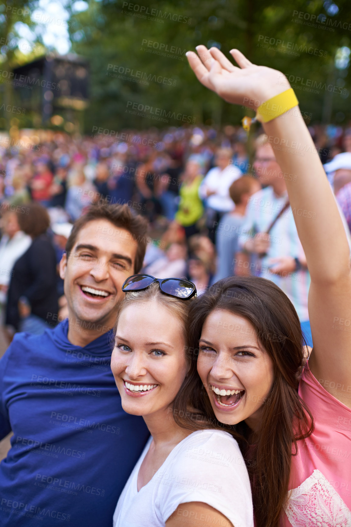 Buy stock photo Dance, music and festival with portrait of friends in crowd for celebration, party and energy. Dancer, concert and rock event with people in countryside for social, rave club and summer disco