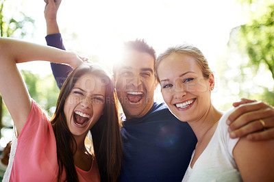 Buy stock photo A group of friends having fun together outdoors