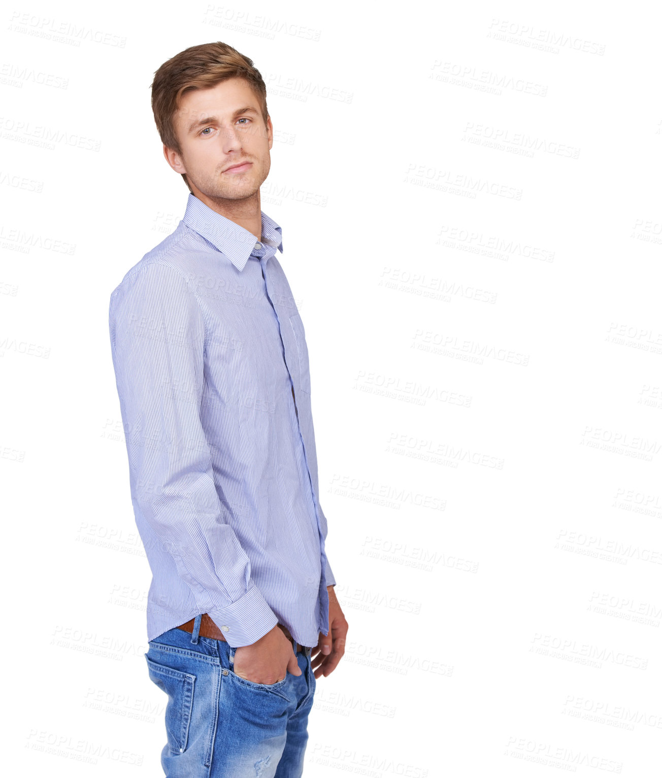 Buy stock photo Style, serious and portrait of man in studio with casual, classy and trendy outfit for confidence. Handsome, pride and attractive young model with cool and edgy style isolated by white background.