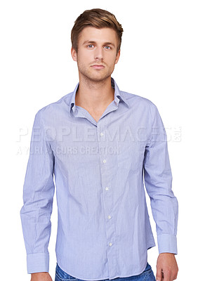 Buy stock photo Style, handsome and portrait of man in studio with casual, classy and trendy outfit. Serious, confidence and attractive young male model with cool and edgy style isolated by white background.