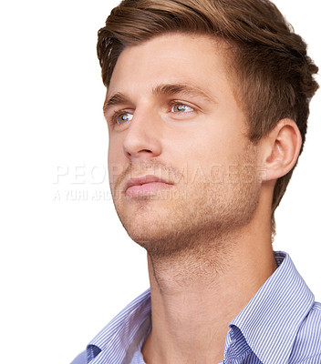 Buy stock photo Consultant, face or thinking by white background in studio for small business vision, ideas or inspiration. Closeup, serious or male startup businessman on backdrop in planning future growth solution