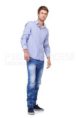 Buy stock photo Fashion, handsome and portrait of man in studio with casual, classy and trendy outfit. Smile, happy and full body of attractive young male model with cool and edgy style isolated by white background.